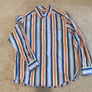 Fun Indigo Palms/Tommy Bahama Striped Button Down - XL; Blue, Lime, Coral, White